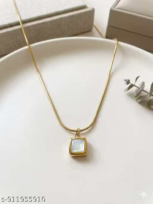 18K Gold Plated Mother of Pearl Square Chain Pendant for Women