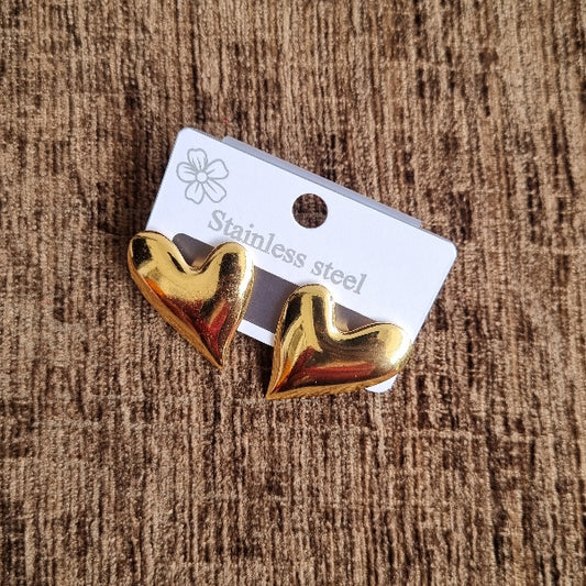 Gold Puffy Heart Stud Earrings for Women