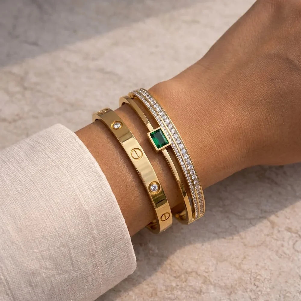 Gold Emerald Crystal Pavé Kada & Cartier Love Bangle Duo - Stack Set for Women