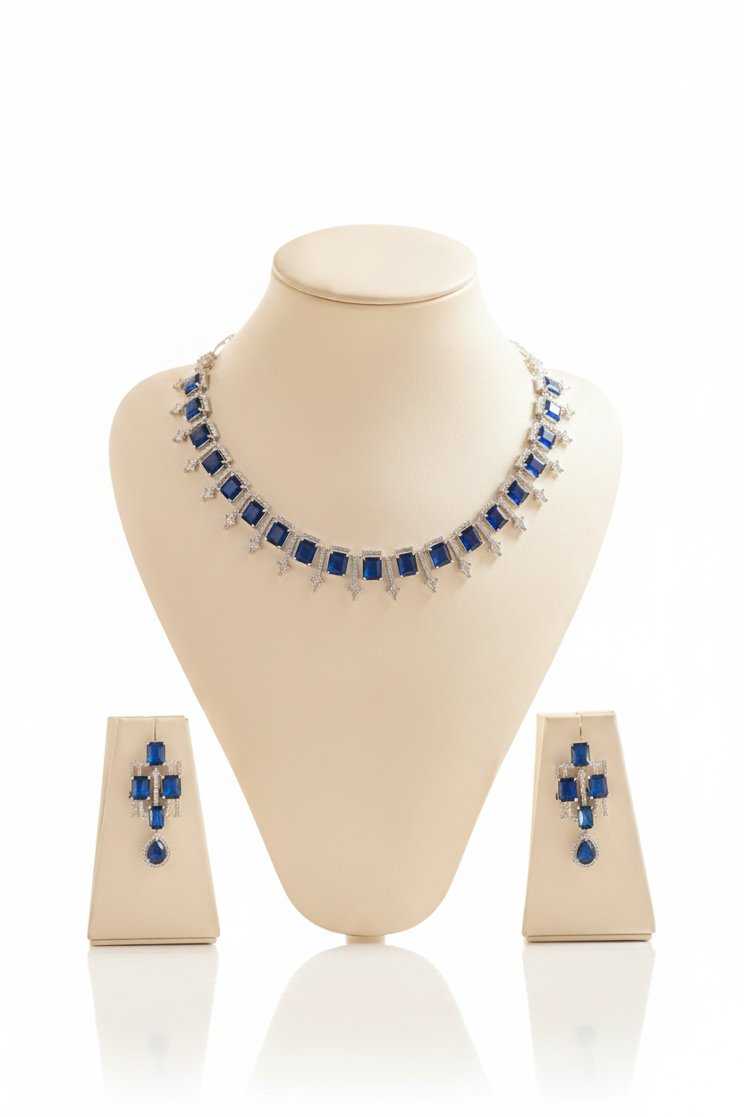 Royal Blue Sapphire CZ Silver Necklace & Earring Set for Women