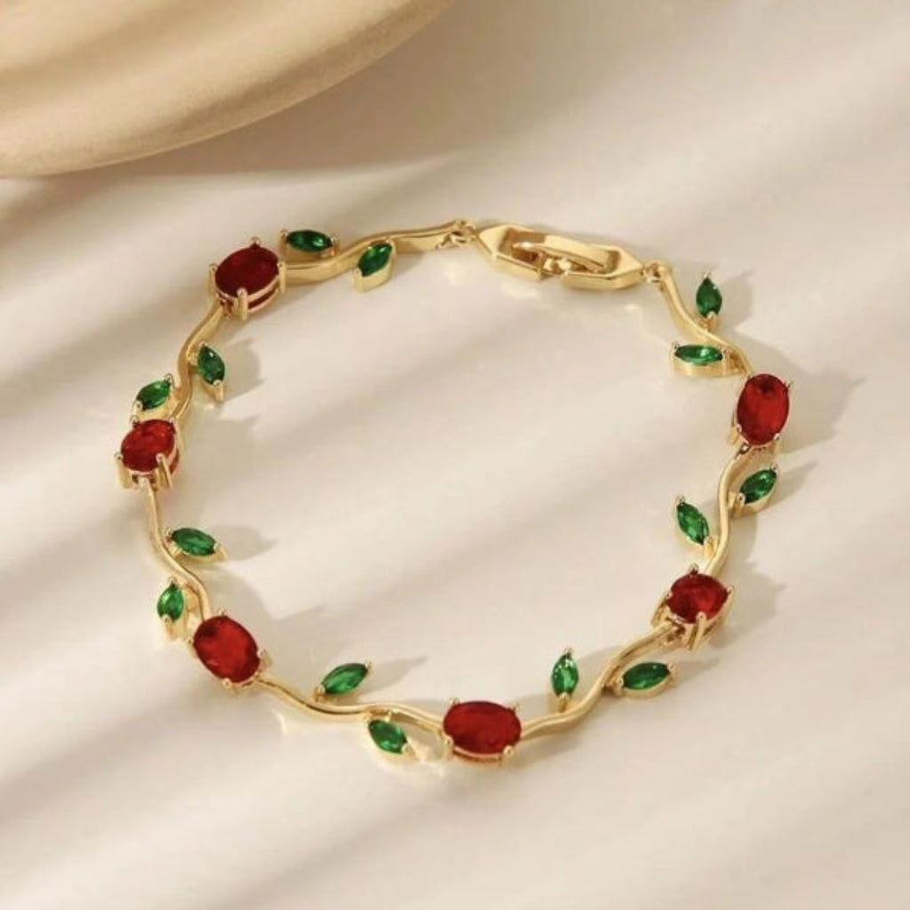 18K Gold Plated Ruby Emerald Tulip Vine Adjustable Bracelet for Women