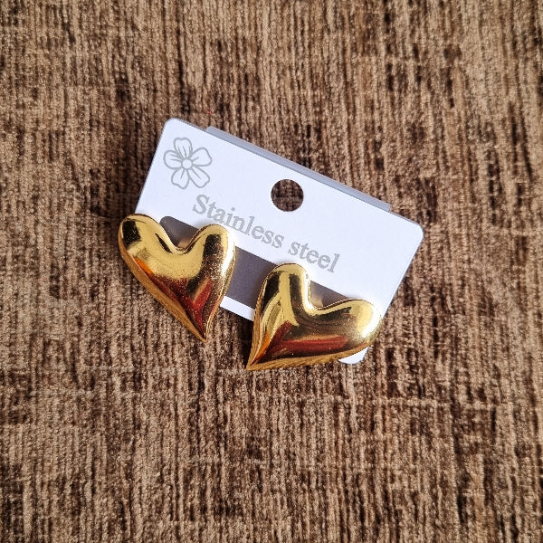 Gold Puffy Heart Stud Earrings for Women