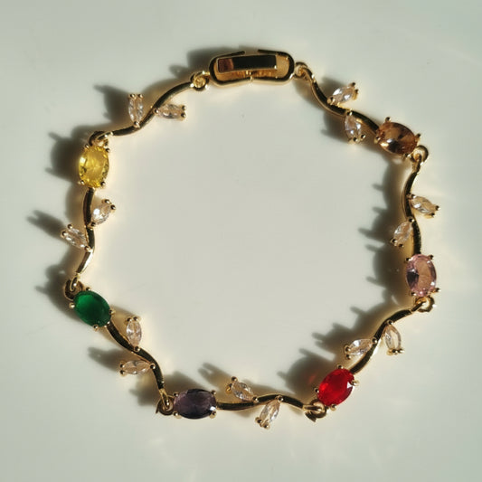 Gold Tulip Floral Vine Multicolour Gemstone Bracelet for Women