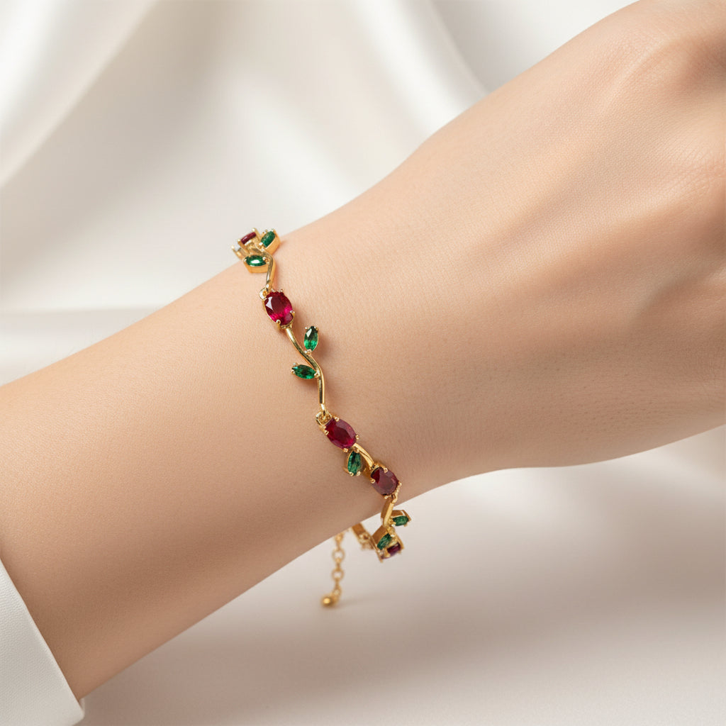 18K Gold Plated Ruby Emerald Tulip Vine Adjustable Bracelet for Women