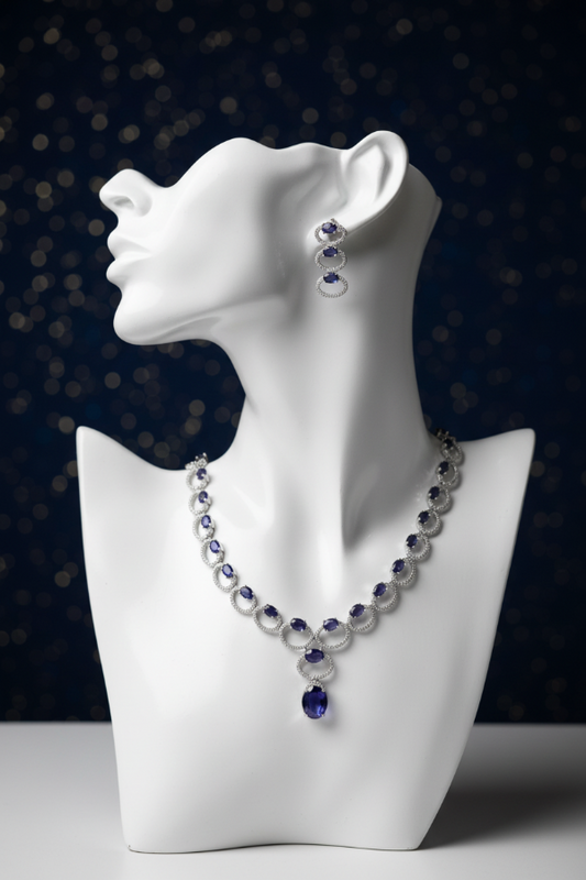 Purple Amethyst American Diamond Circle Link Silver Necklace & Earring Set for Women