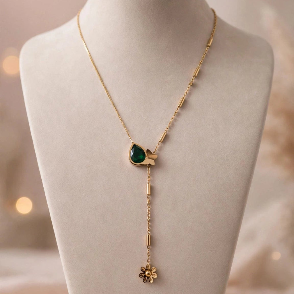 18K Gold Plated Emerald Heart Butterfly Lariat Y-Necklace with Daisy Drop for Women