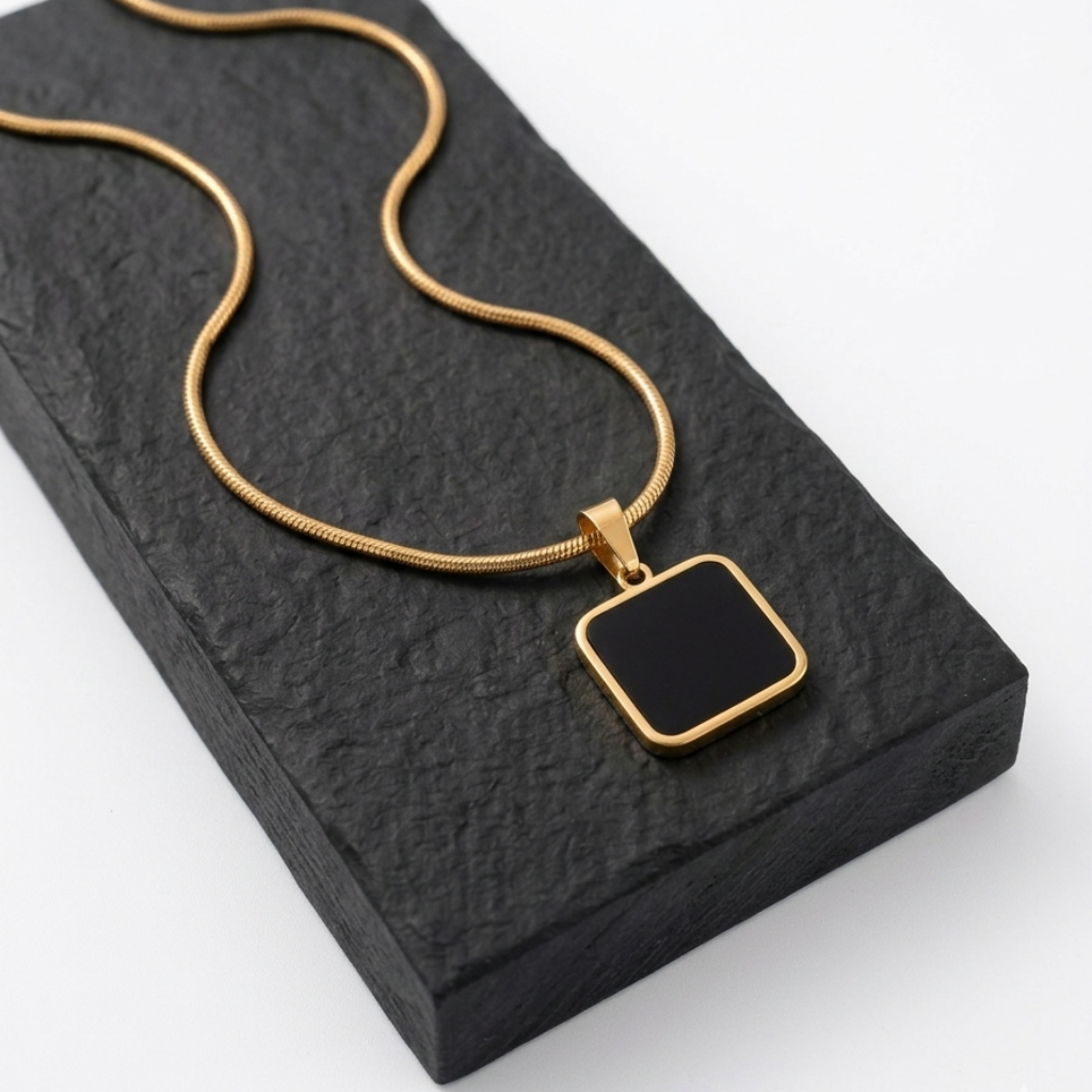 18K Gold Plated Black Square Snake Chain Pendant for Women