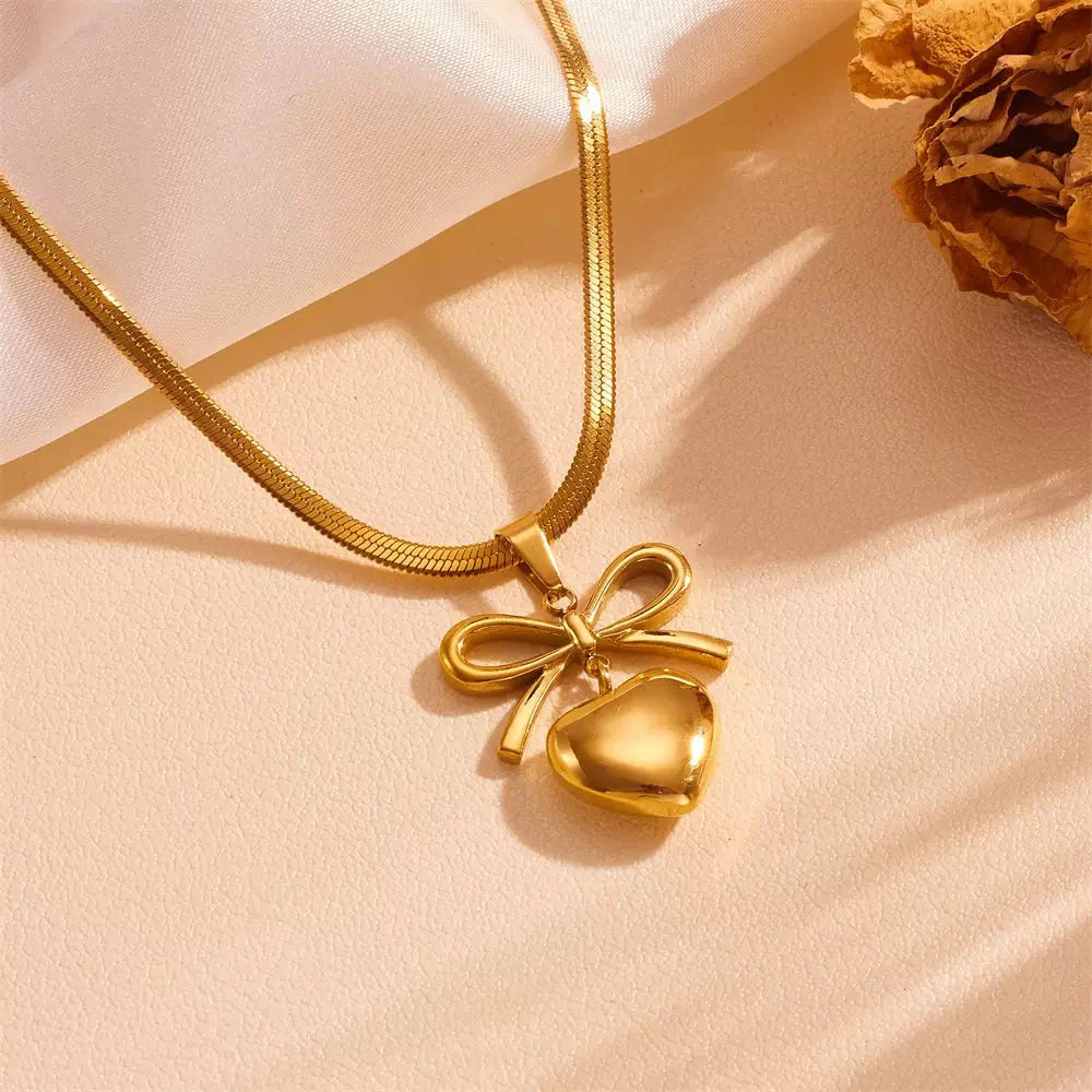 Anti Tarnish Gold Bow Heart Pendant Necklace – Snake Chain | Romantic Gift for Women
