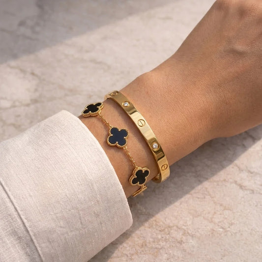 Black Clover Chain & Cartier Bangle Duo - Stack Bracelet Set for Women