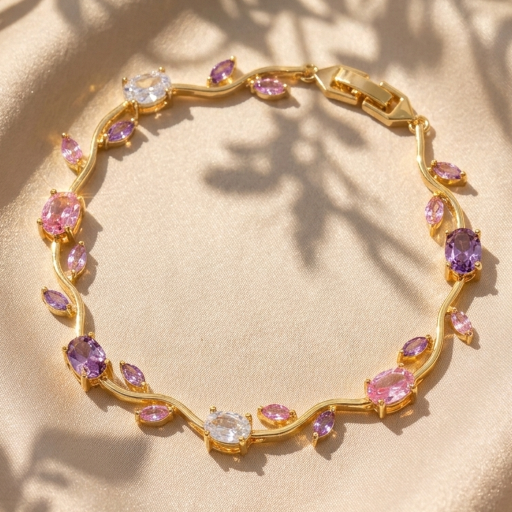 18K Gold Plated Purple Pink Crystal Rapunzel Princess Leaf Vine Adjustable Bracelet for Women