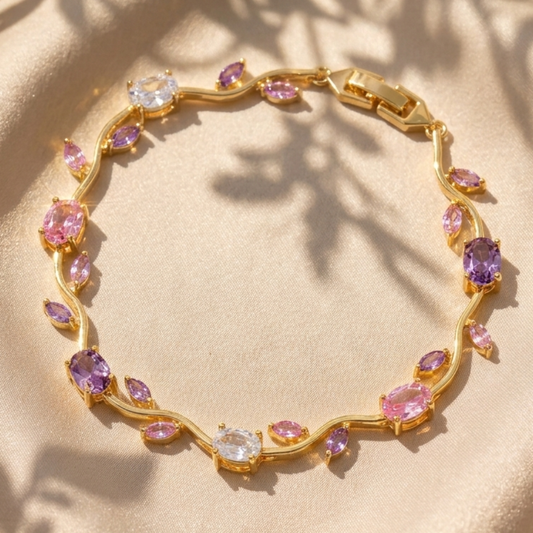 18K Gold Plated Purple Pink Crystal Rapunzel Princess Leaf Vine Adjustable Bracelet for Women