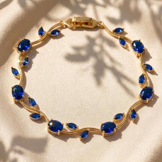18K Gold Plated Royal Blue Sapphire Leaf Vine Adjustable Bracelet for Women