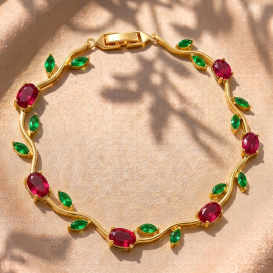 18K Gold Plated Ruby Emerald Tulip Vine Adjustable Bracelet for Women