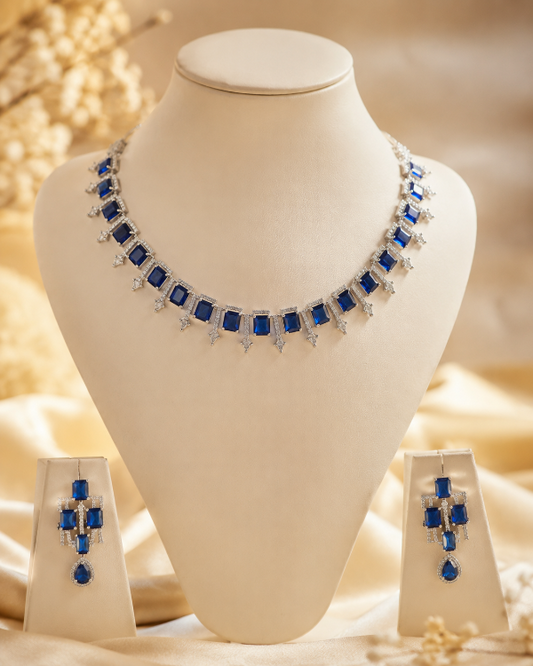 Royal Blue Sapphire CZ Silver Necklace & Earring Set for Women