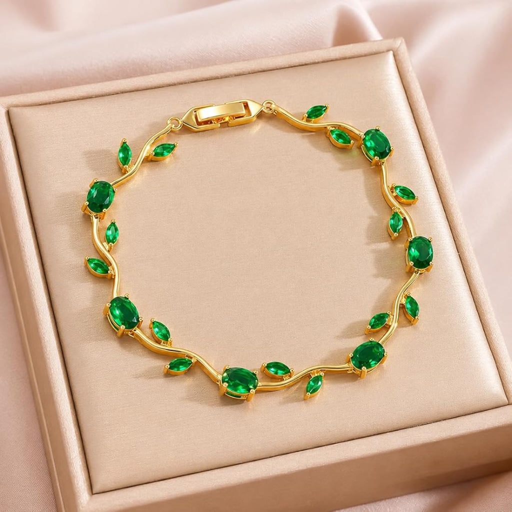 18K Gold Plated Emerald Green Leaf Vine Bracelet for Women