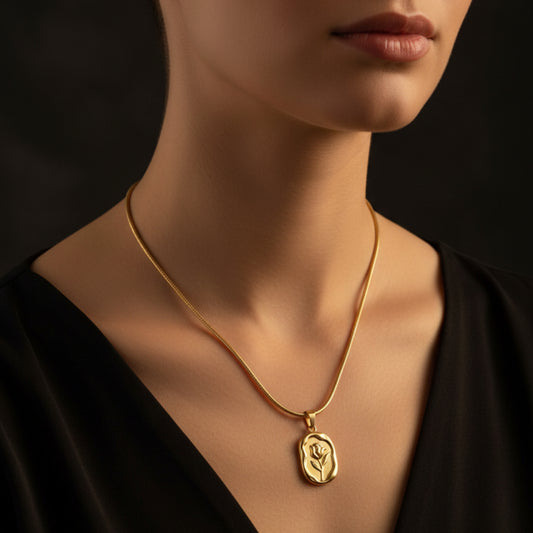 Gold Rose Tulip Coin Pendant Snake Chain Necklace for Women