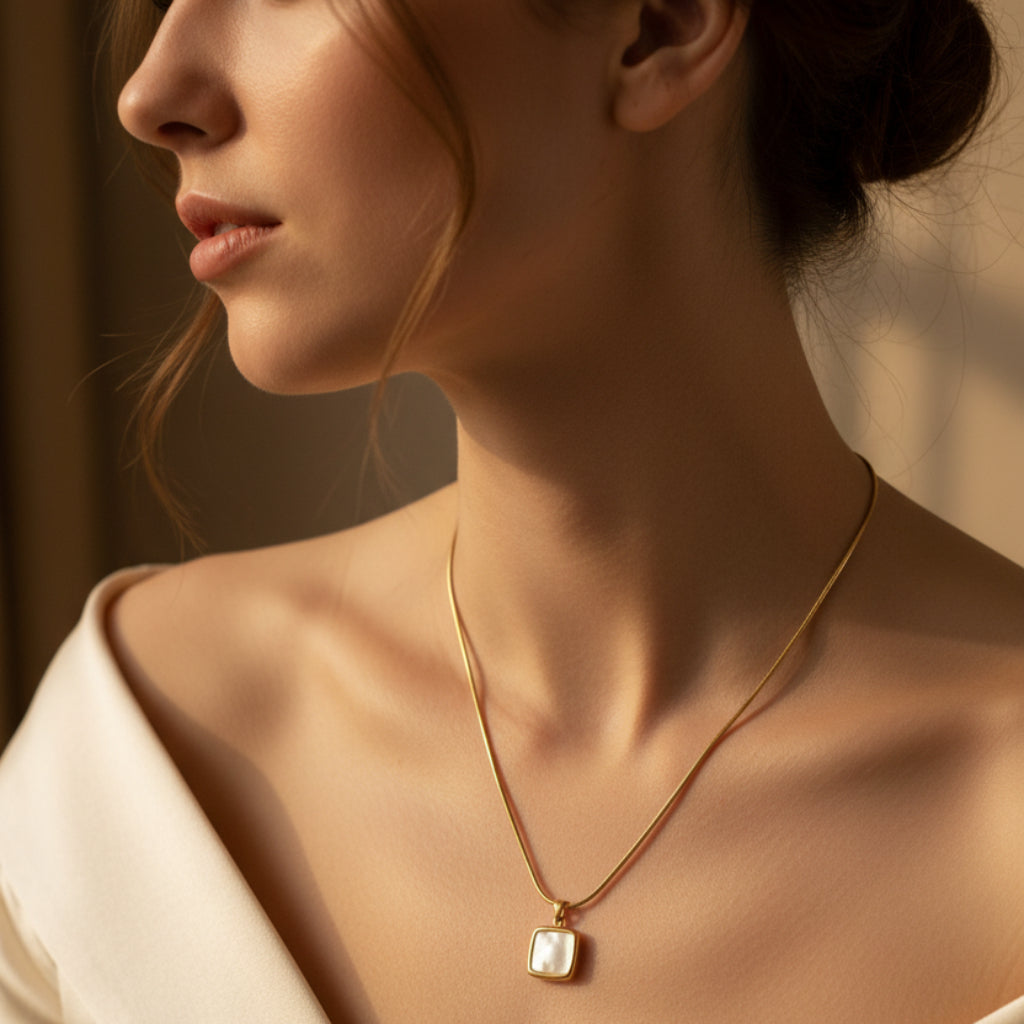 Gold Mother of Pearl Square Pendant Snake Chain Necklace for Women