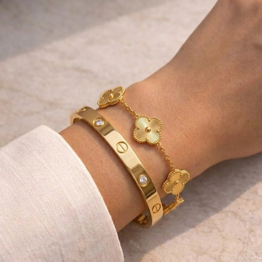 Gold Clover Chain & Cartier Bangle Duo - Stack Bracelet Set for Women