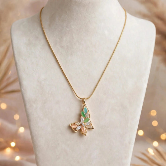 Gold Multicolour Butterfly Pendant Snake Chain Necklace for Women