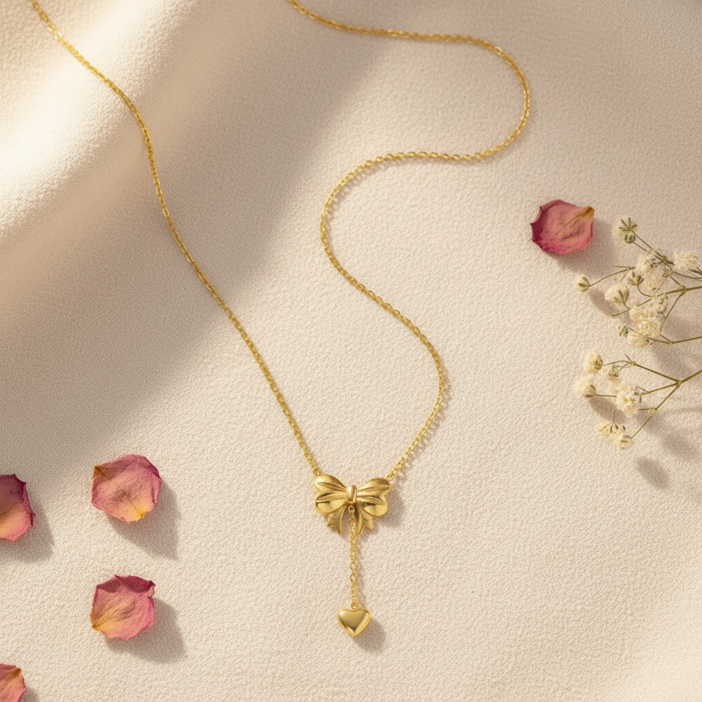 Gold Bow Heart Necklace - Flat Lay Style