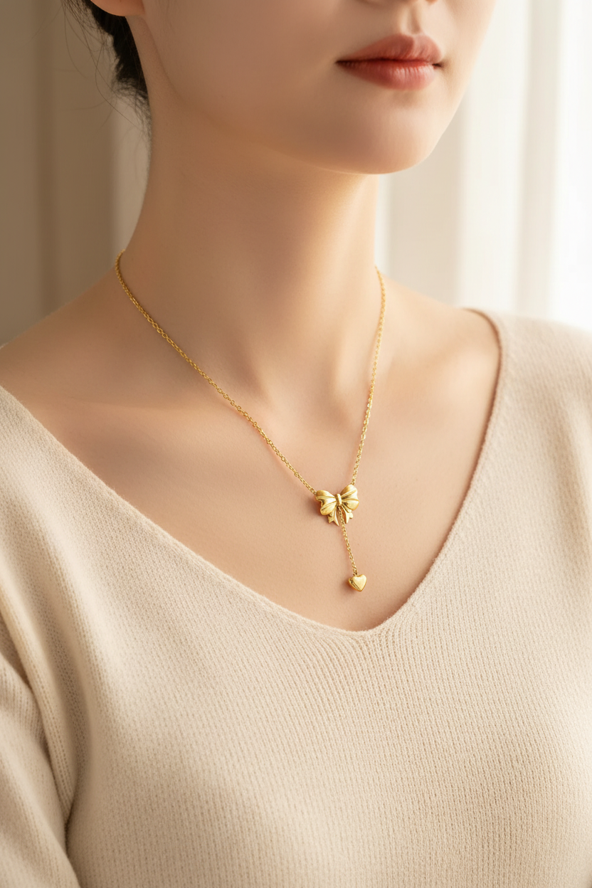 Gold Bow Heart Necklace - Worn Style