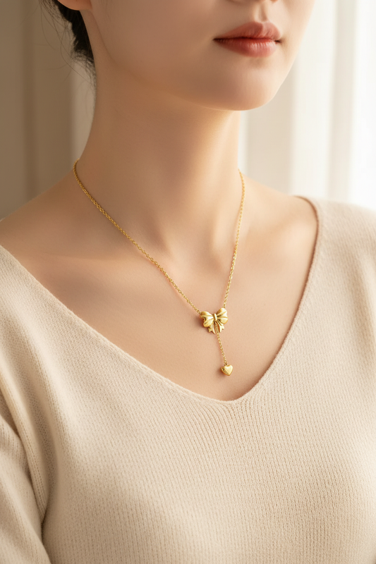 Gold Bow Heart Necklace - Worn Style