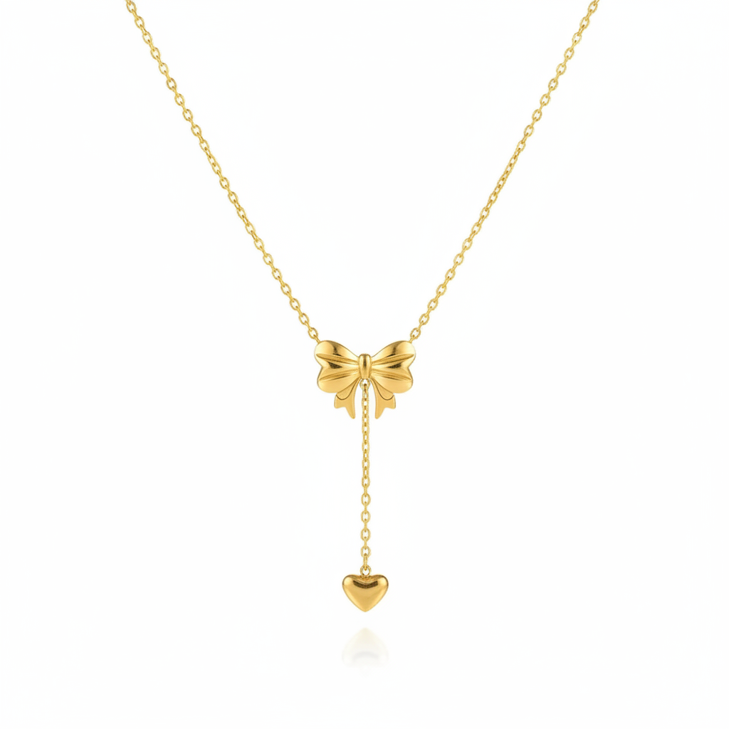 Gold Bow Heart Pendant Necklace - Pure White Background