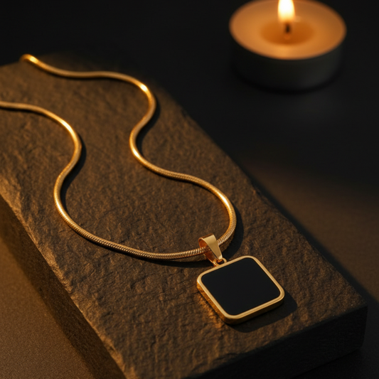 Gold Snake Chain Black Square Pendant Necklace - Dark Luxury Style