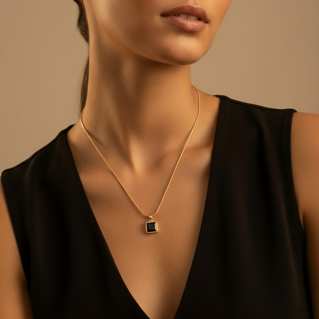 Gold Snake Chain Black Square Pendant Necklace - Hanging Style