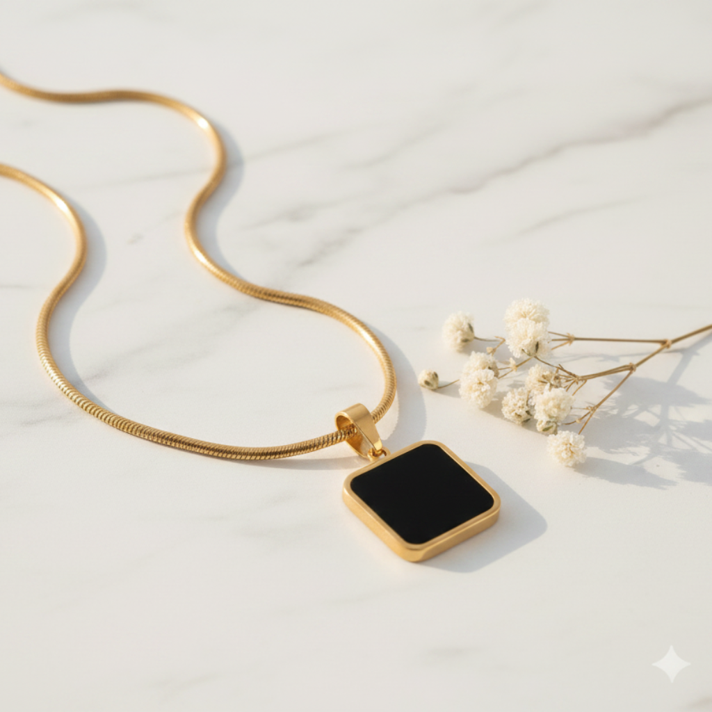 Gold Snake Chain Black Square Pendant Necklace